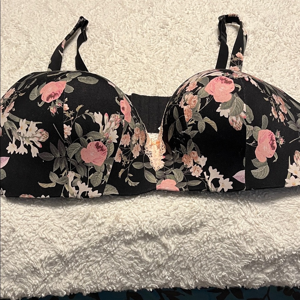 Cacique Black and Pink Floral Bra